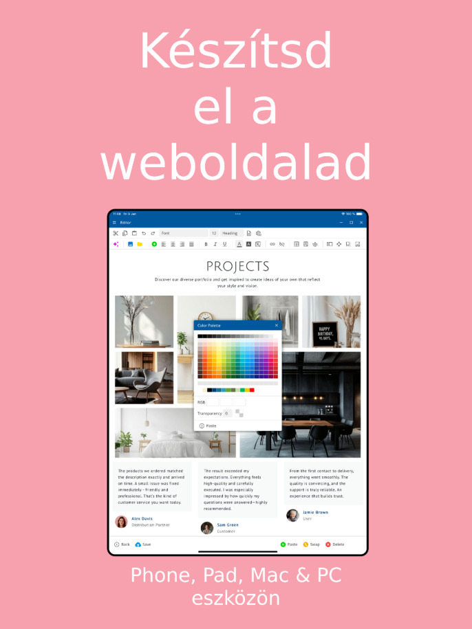 Website Builder alkalmazás - Weboldal készítése alkalmazással iOS-en és Androidon – Tablet nézet